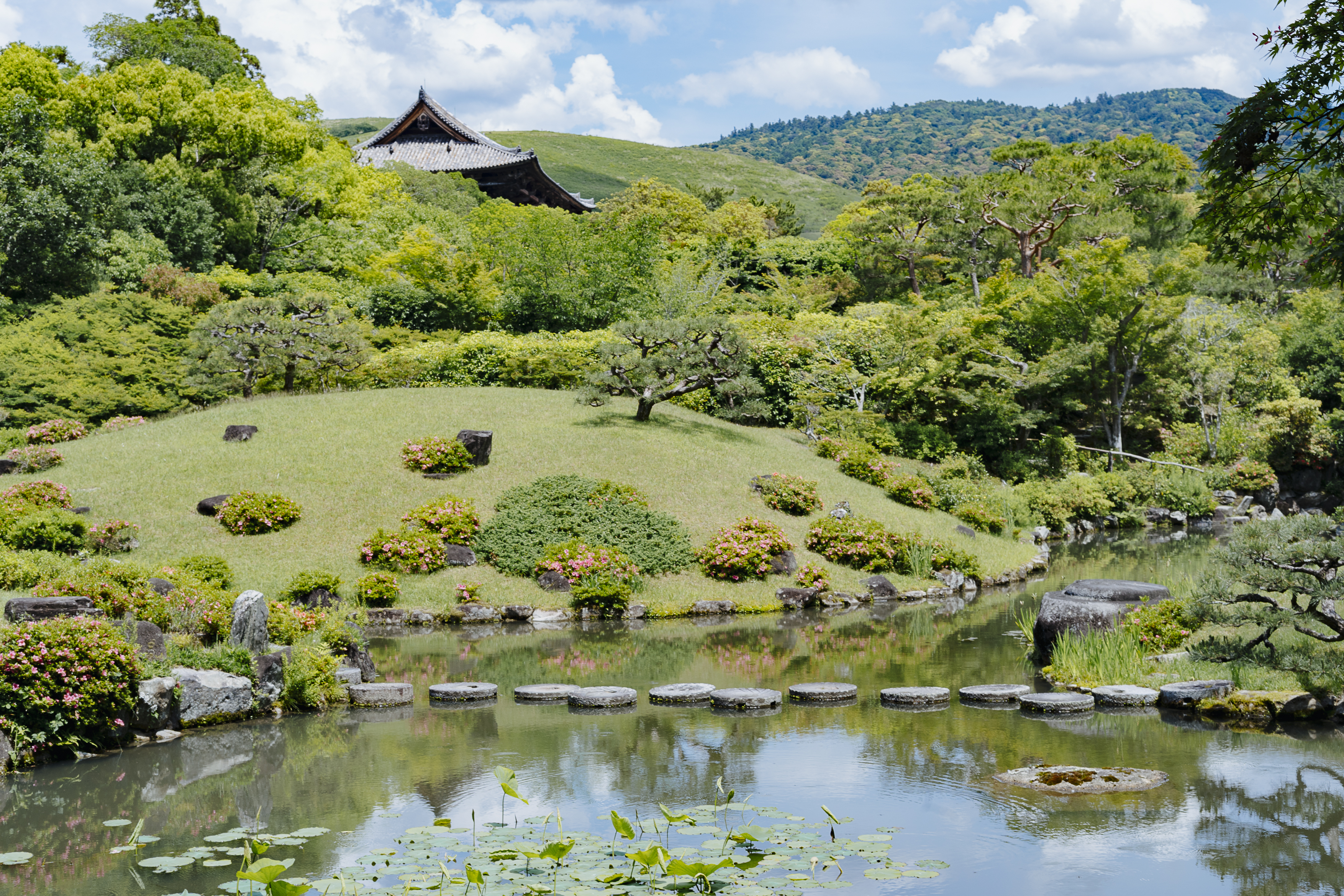 A Japanese Garden in Kyoto, Japan. A large pond in the foreground with some circular stepping stones. Pine trees and azaleas in the distance with the roof of a temple visible behind the trees.